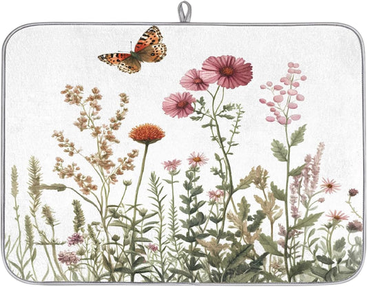Dish Drying Mat Spring Botanical Butterfly Wildflowers Large Drying Mat for Kitchen Counter 18x24in Absorbent Dish Drainer Rack Pad, Heat Resistant Coffee Bar Mats Countertop Protector