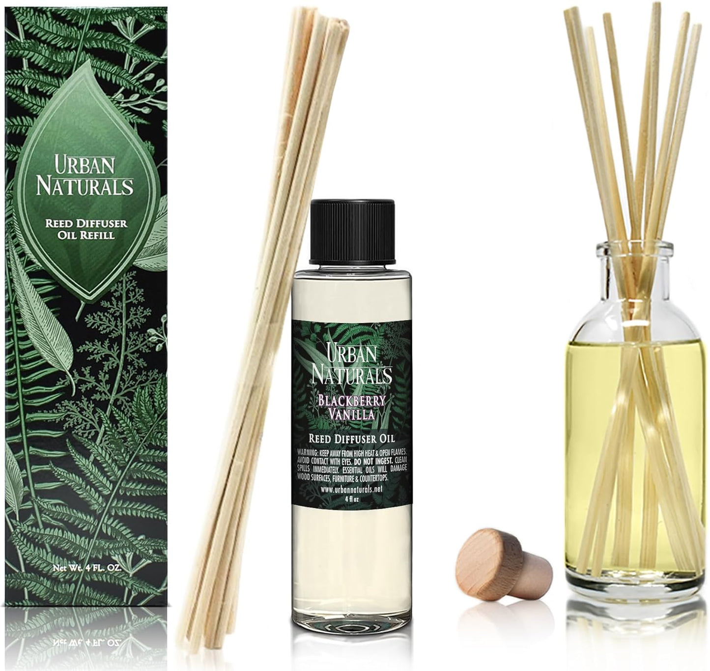 Urban Naturals Reed Diffuser Oil Refill, BlackBerry Vanilla Diffuser Oil with Blackberries, Vanilla, Patchouli, 4 oz + Free Reed Sticks, Made in The USA