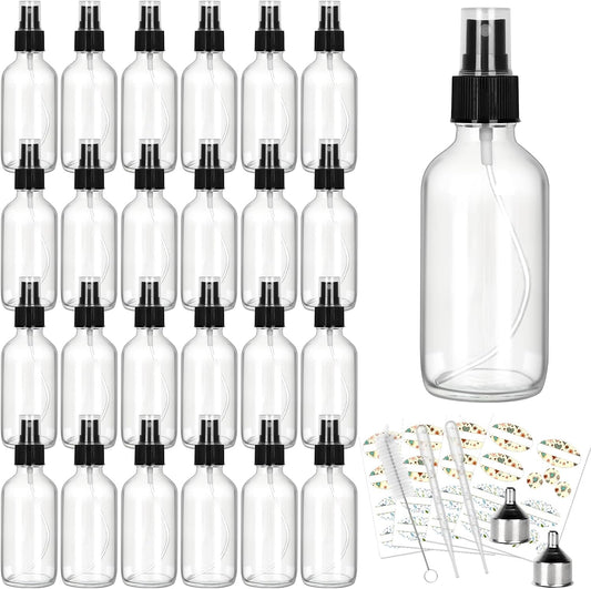 CycleMore 25 Pack 4oz Clear Glass Spray Bottles with Fine Mist Sprayers, Glass Travel Bottles for Cosmetic Essential Oils Cleaning Solutions Perfumes & More Liquids (1 Brush, 2 Funnels and 36 Labels)