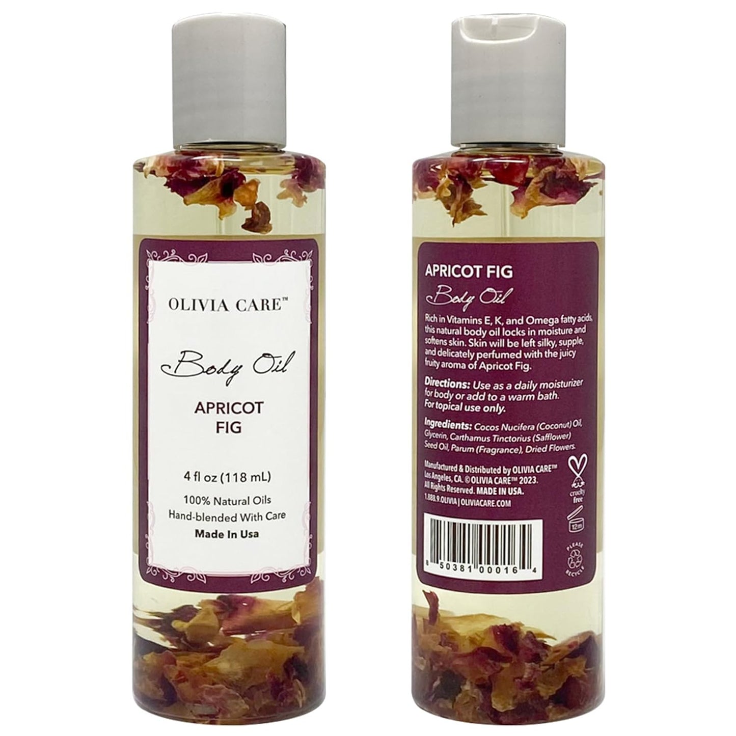 Olivia Care Body Oil Apricot Fig Vegan & Natural Moisturizing - Infused with VITAMIN E, K & Omega Fatty Acids - Refreshing Fragrance - Reduce Dry Skin, Anti-Aging Properties (Apricot Fig)