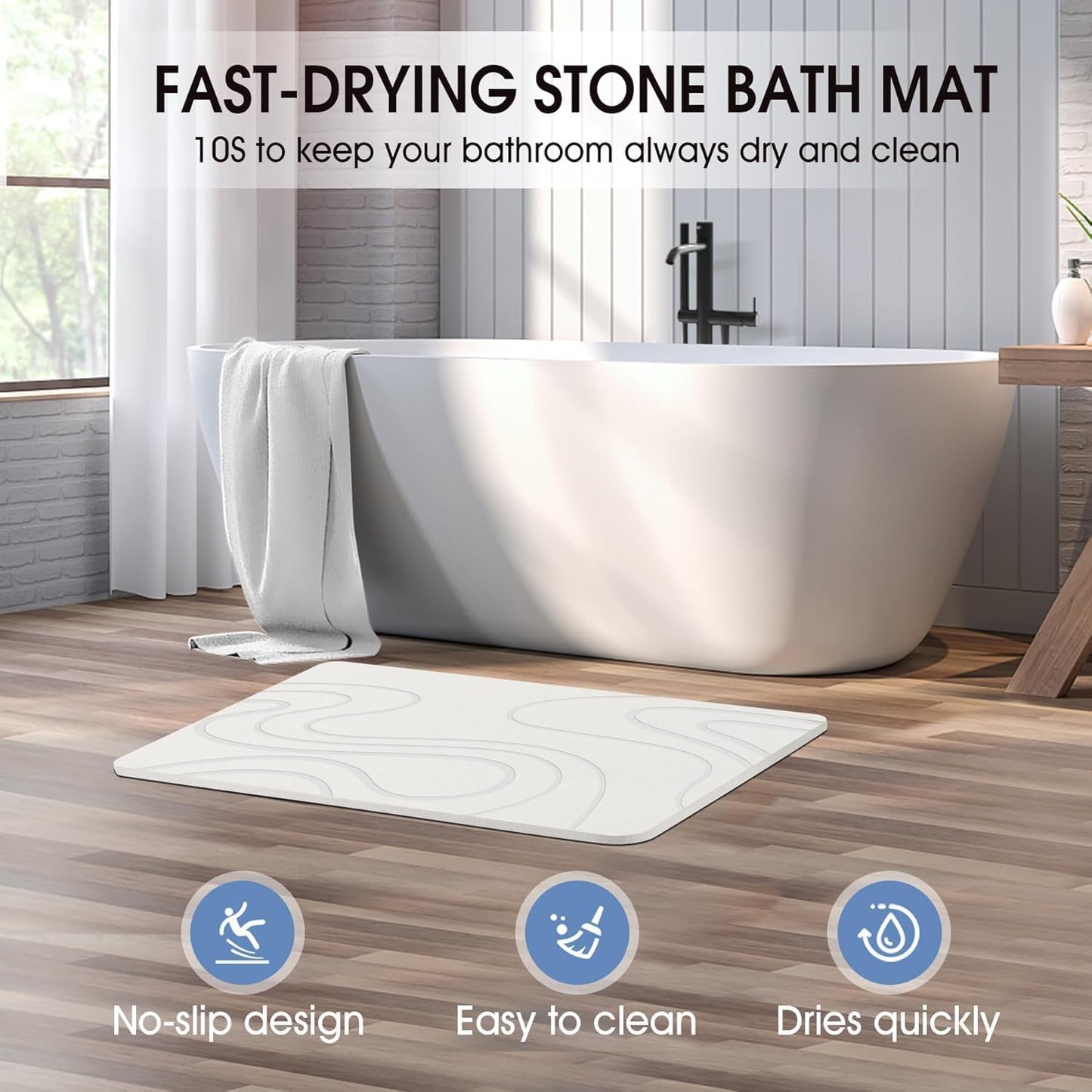 Stone Bath Mat Diatomaceous Earth Shower Mat Non-Slip Super Absorbent Diatomite Stone Mats for Bathroom Floor/Kitchen Counter Quick Drying Natural Easy to Clean(23.6''×15.4" White)