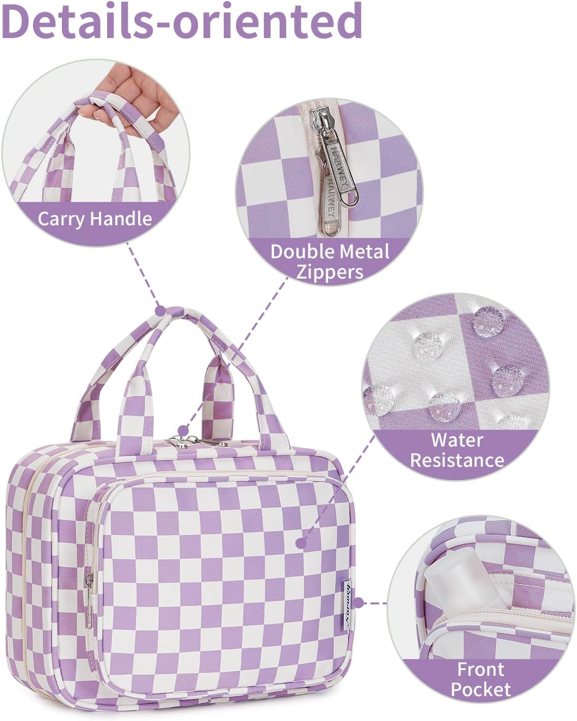 Narwey Hanging Toiletry Bag for Women Travel Makeup Bag Organizer Toiletries Bag for Travel Size Essentials Accessories Cosmetics (Purple Checkerboard (Medium))