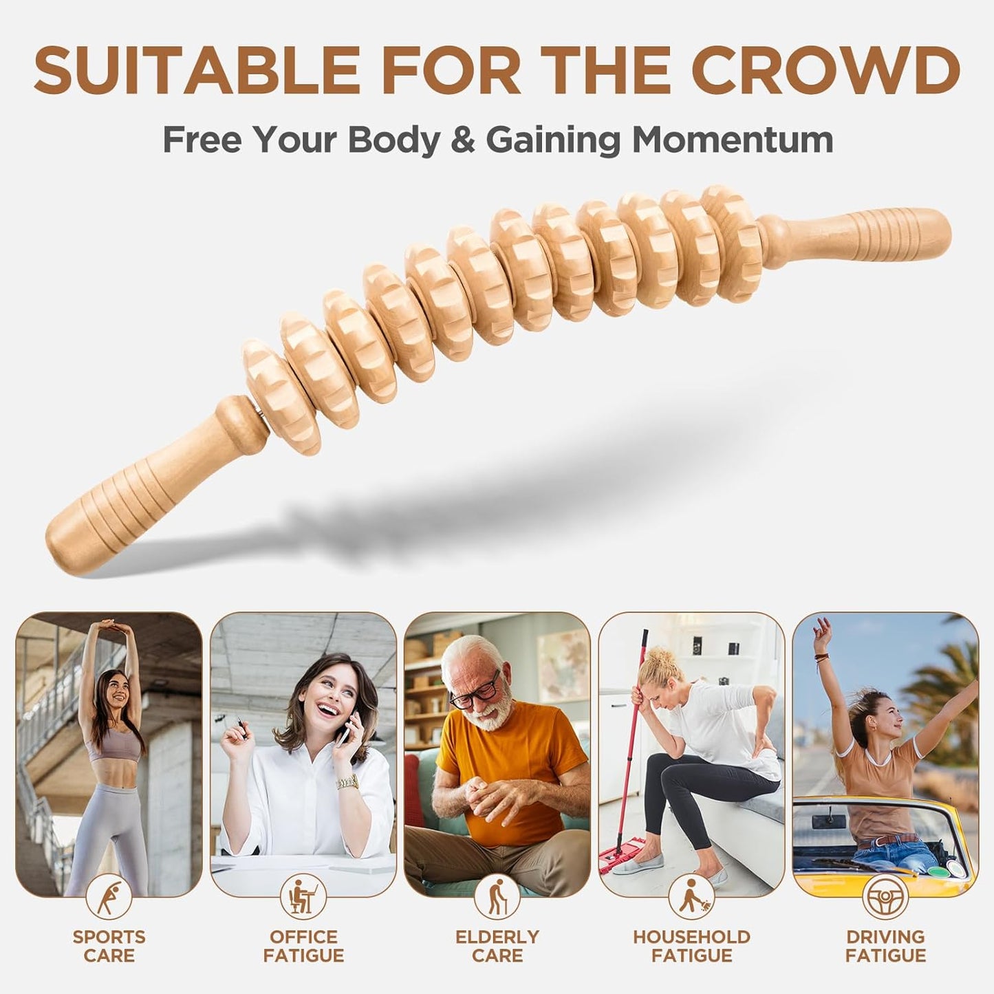 Wooden Cellulite Massage Roller for Legs and Thighs - Handheld Fascia Blaster Tool for Muscle Relief, Lymphatic Drainage & Body Sculpting - Anti Cellulite Massager for Women and Men (12 Wheel)