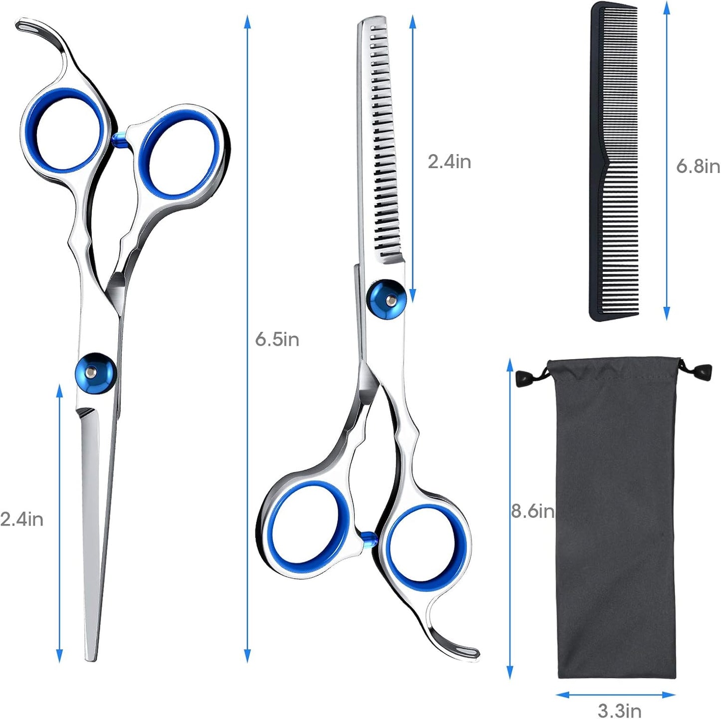 Hair Cutting Scissors Shears Set, ekuci Professional Home Haircutting Scissors Thinning Shears Kit with Free Comb and Storage Bag for Men Women Home Salon Barber Cut Kit (Silver)