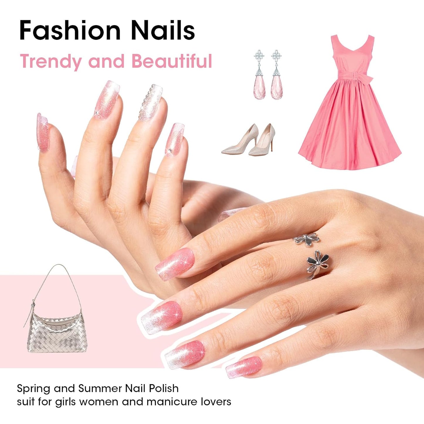 GELLEN Sheer Shimmer Pink Nail Polish & Clear Base Top Coat Nail Polish, Light Pink Shimmer Nail Polishes Summer Spring Translucent 6pcs Set, Quick Dry Regular Nail Polishes Non UV Gel, Hema Free