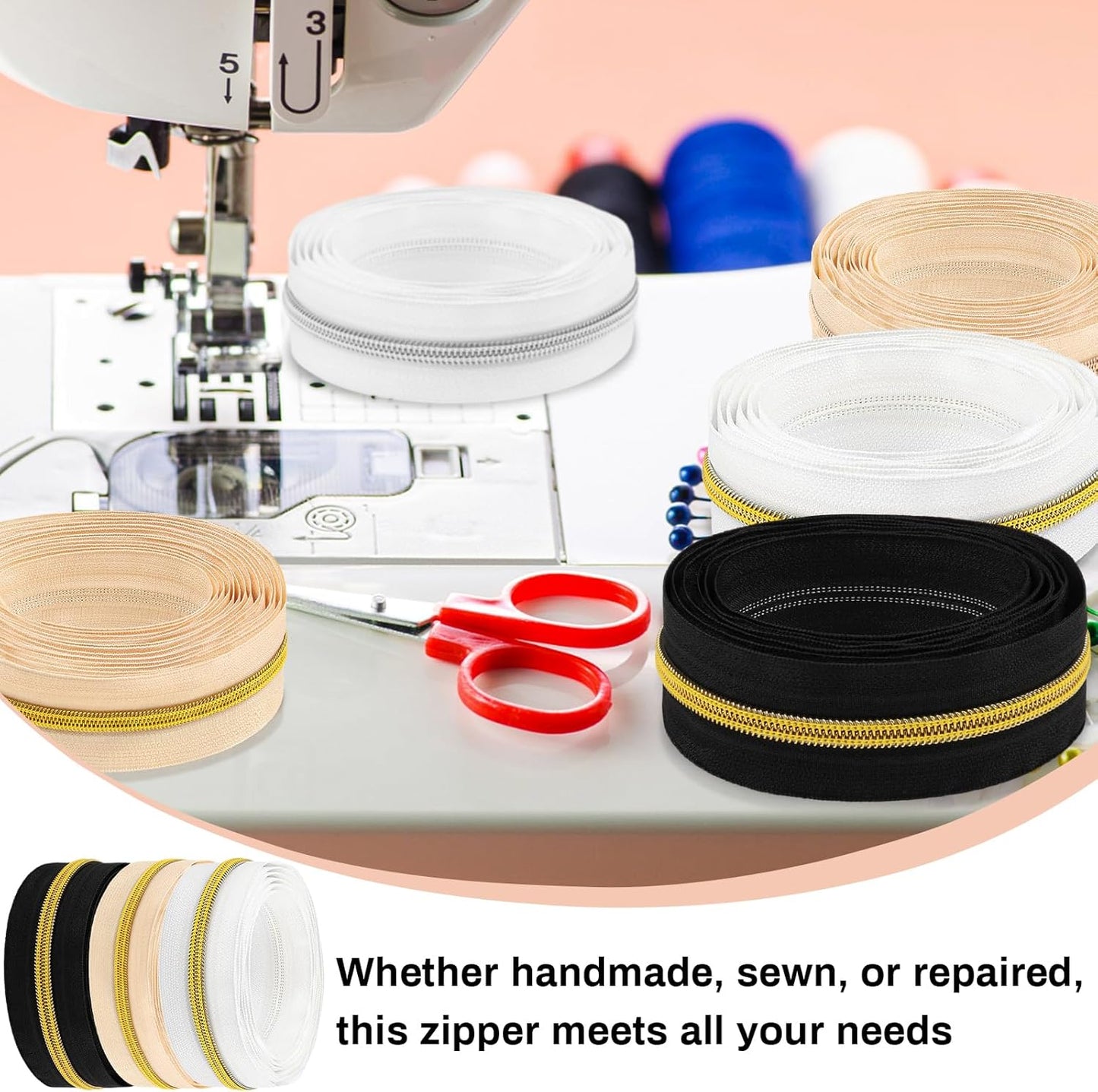 DOITEM 17.8 Yards Endless Zippers by The Meter Black White Zipper 6 mm Spiral + 32 Nonlock Zippers (Gold Silver Rose Gold)