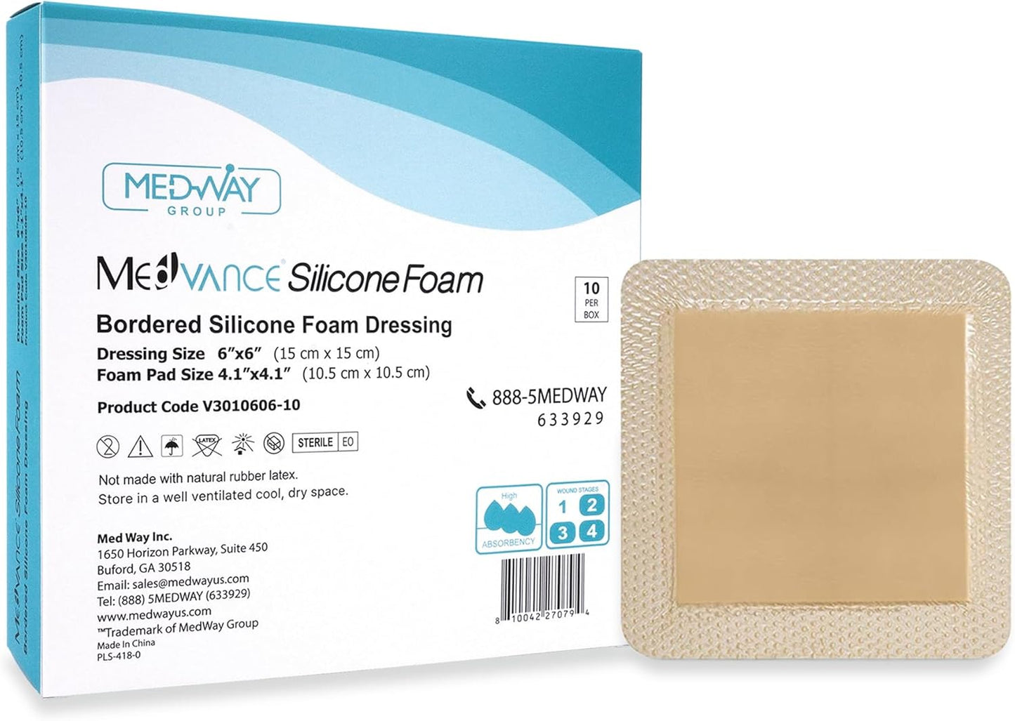 MedVanceTM Silicone - Bordered Silicone Adhesive Foam Dressing (6"x6" (4.1"x4.1" pad) 10 Pack