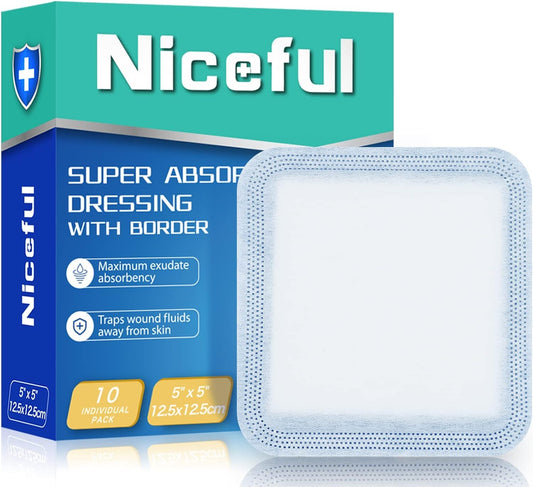 5" x 5" Super Absorbent Dressing Pads 10 Count – Non-Adhesive Bandage for Wound Care, Heavy Exudate Wound Pads Surgical Dressing for Pressure Ulcers, Bedsores, Diabetic Foot Ulcers