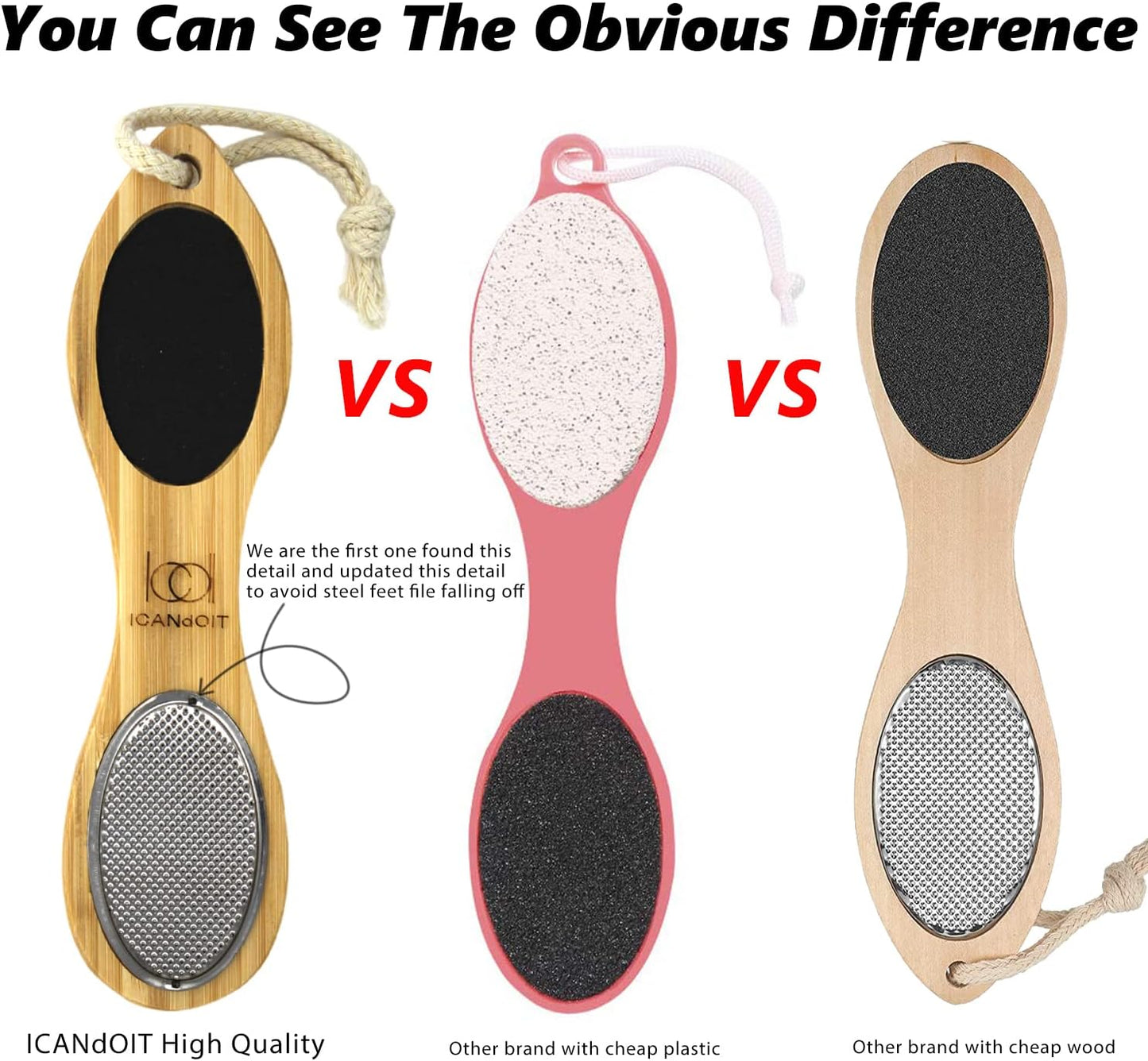 ICANdOIT-2 Packs Natural Bamboo Foot File Callus Remover-Multi Purpose 4 in 1 Feet Pedicure Kit with Boar Bristle Brush,Pumice Stone,Foot Rasp,Sand Paper