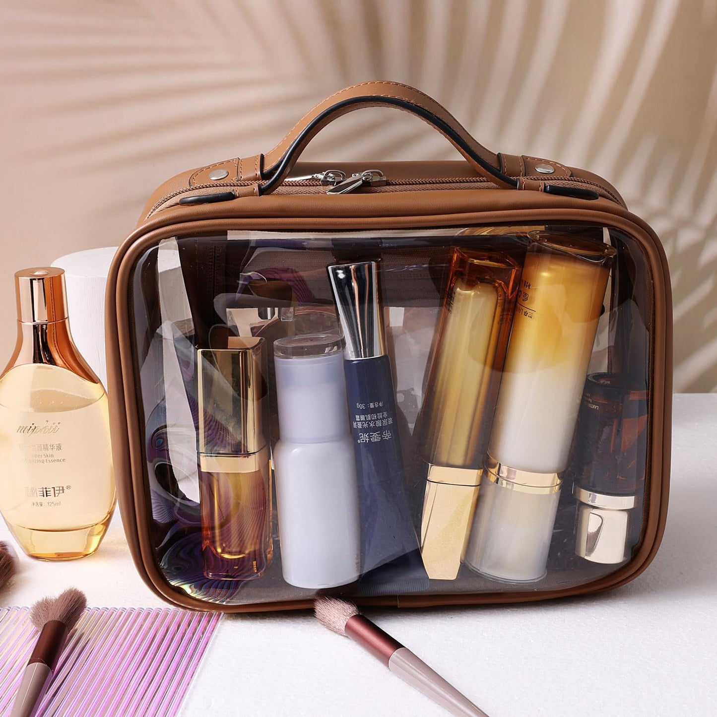 SANHECUN traveling toiletry Case large clear cosmetics case makeup bag Dimensions | LxWxH:10” x 4.5” x 7.5”(Brown, Medium)