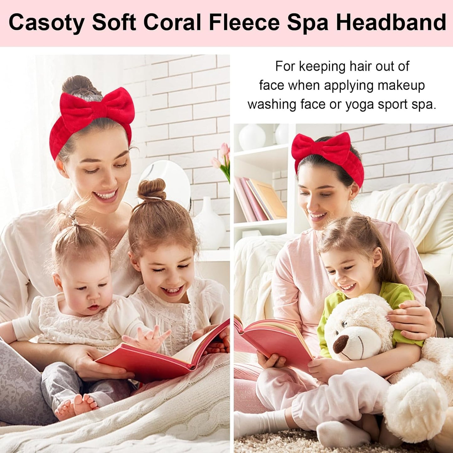 Casoty 6 Pcs Red Spa Headbands, Skin Care Headband, Soft Coral Fleece Makeup Hair band, Bow Hair Band for Face Washing Shower Skin Care Yoga