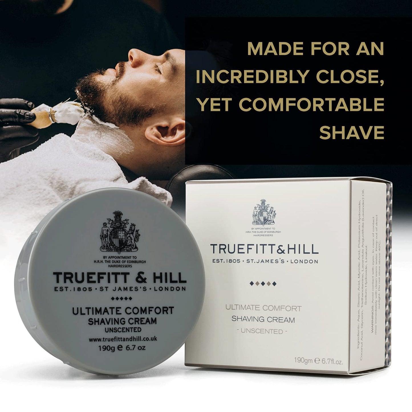 Truefitt & Hill Shaving Cream Bowl - Ultimate Comfort - Premium Glycerin-Based Lather, Smooth Glide, and Hydration for a Luxurious Shave, No Added Fragrance - 6.7 oz.