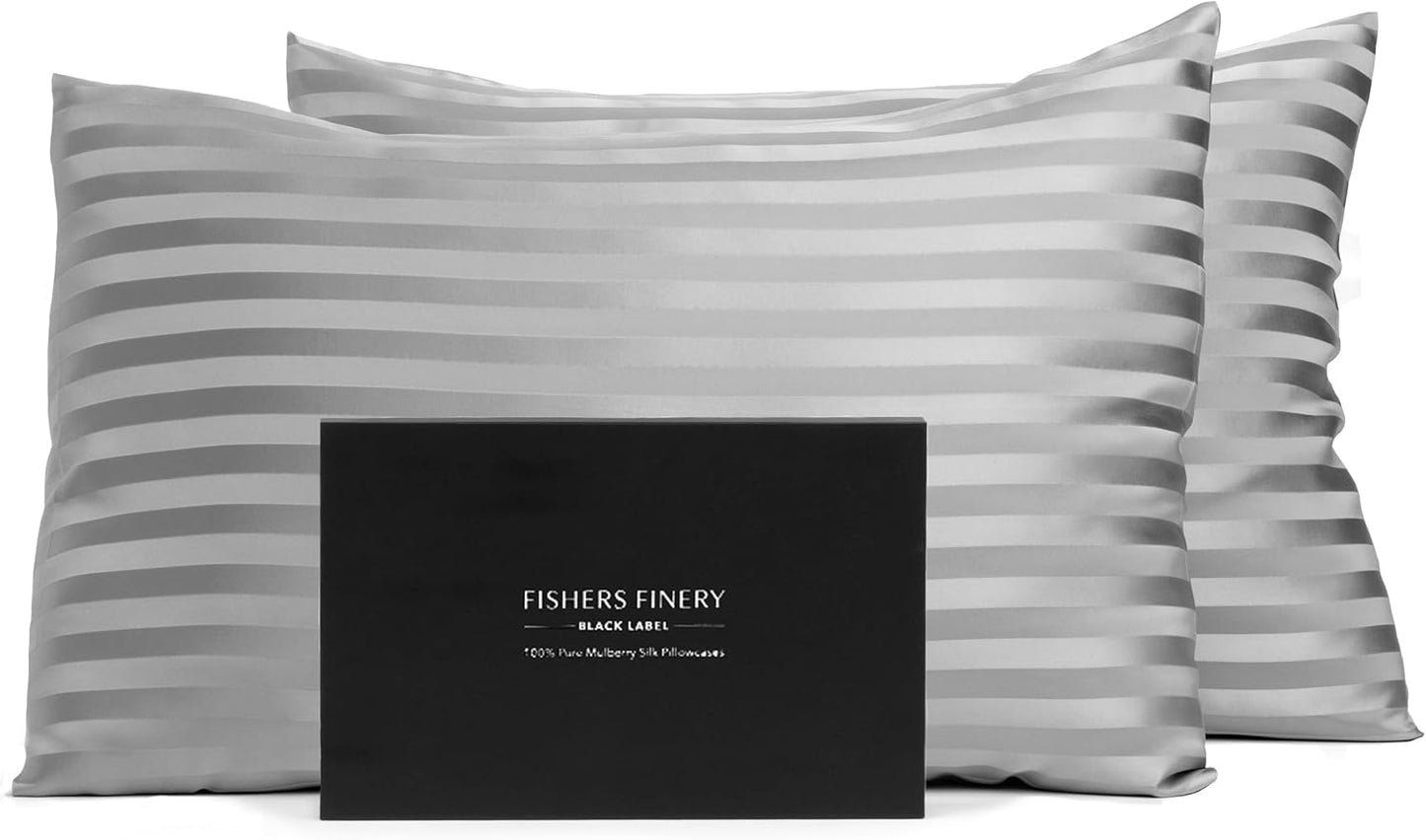 Fishers Finery 30mm 100% Pure Mulberry Silk Pillowcase Set, Quality Tested (Gray Stripe, King, 2 Pack)