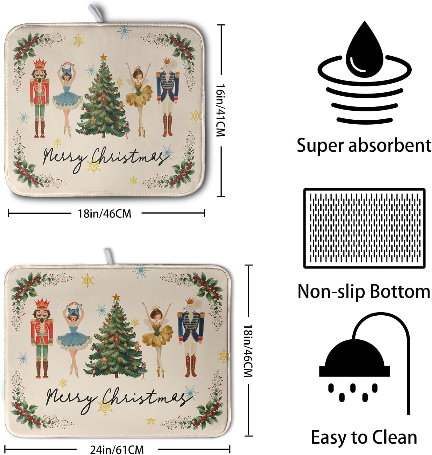 Merry Christmas Nutcracker Dish Drying Mat for Kitchen Counter 18x24 Inch Winter Xmas Tree Snowflakes Drying Mats Microfiber Absorbent Dish Drainer Washable Dish Rack Pad for Sink Coffee Bar