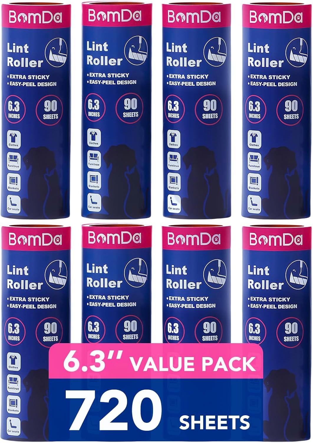 Extra Sticky Large Surface Lint Roller, 6.3'' Giant Lint Roller for Pet Hair, 270 Sheets/ 3 Refills, Long Handle Lint Remover for Clothes, Furniture, Dog & Cat Hair Remover (720 Sheets)