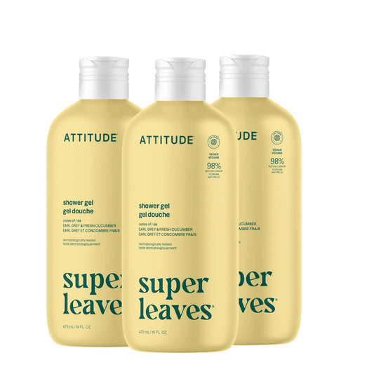 ATTITUDE Body Wash, EWG Verified Shower Gel, Dermatologically Tested, Plant and Mineral-Based, Vegan Personal Care Products, Earl Grey & Fresh Cucumber Scent, 16 Fl Oz (Pack of 3)