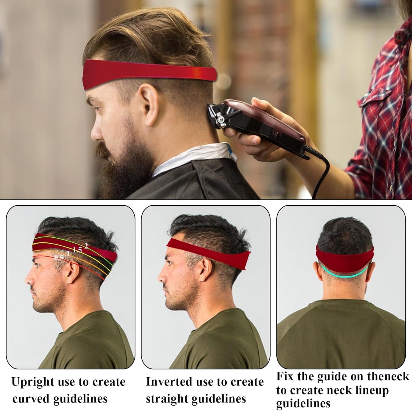 Neckline Shaving Template and Hair Trimming Guide, High-Grade Curved Silicone Headband for DIY Home Hair Trimming and Cutting,Home Haircuts Fade and Taper Guide for Clippers-(Red 1)