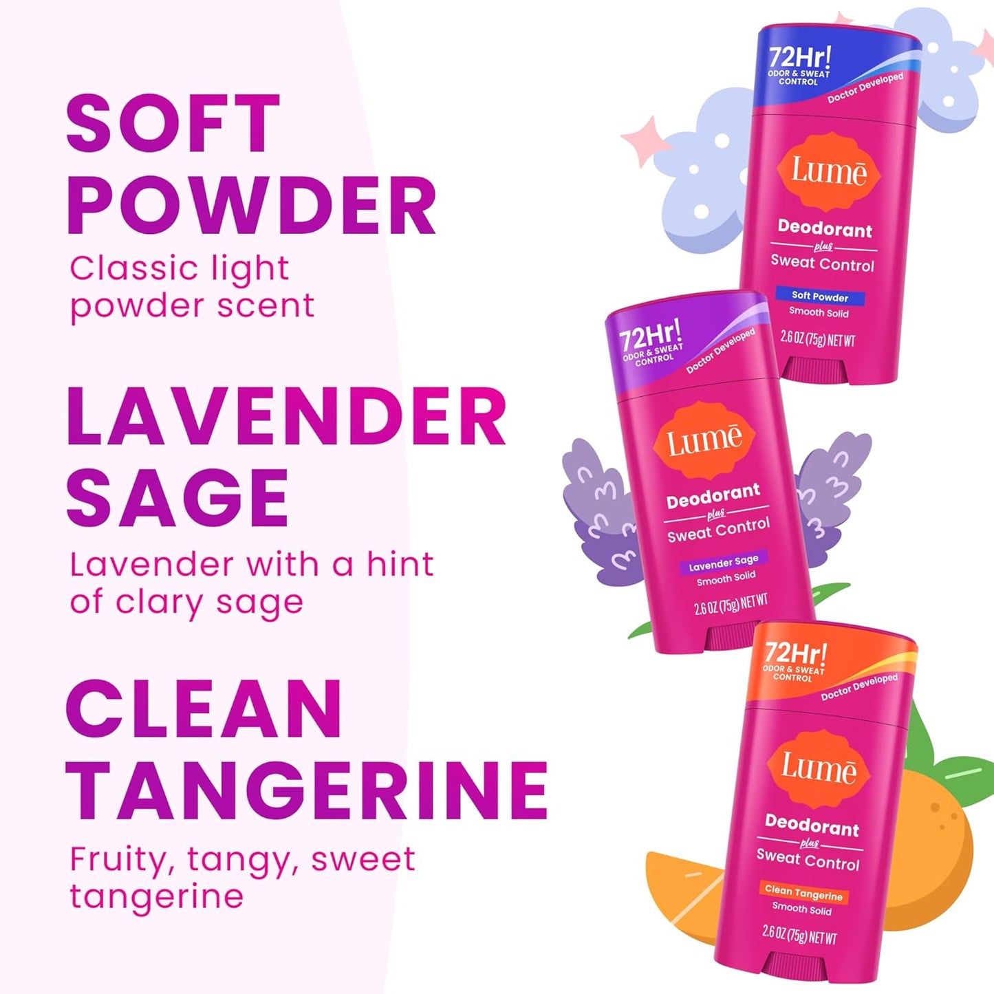 Lume Deodorant Plus Sweat Control - Smooth Solid Stick - Maximum Strength Antiperspirant - 72 Hour Odor And Sweat Control - Baking Soda Free - 2.6 ounce (Lavender Sage, Clean Tangerine & Soft Powder)