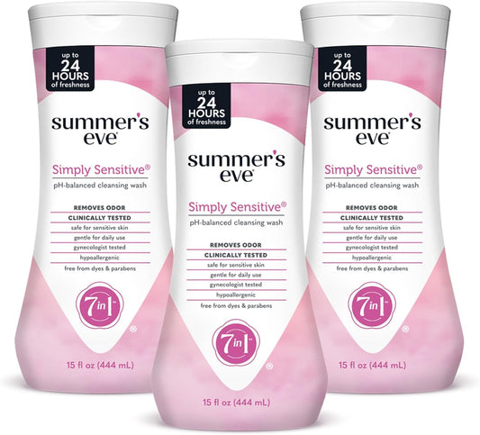 Summer's Eve Simply Sensitive All-Over Daily Feminine Wash, Gentle pH-Balanced Body Wash for Women, Removes Vaginal Odor, 15 Fl Oz, Pack of 3