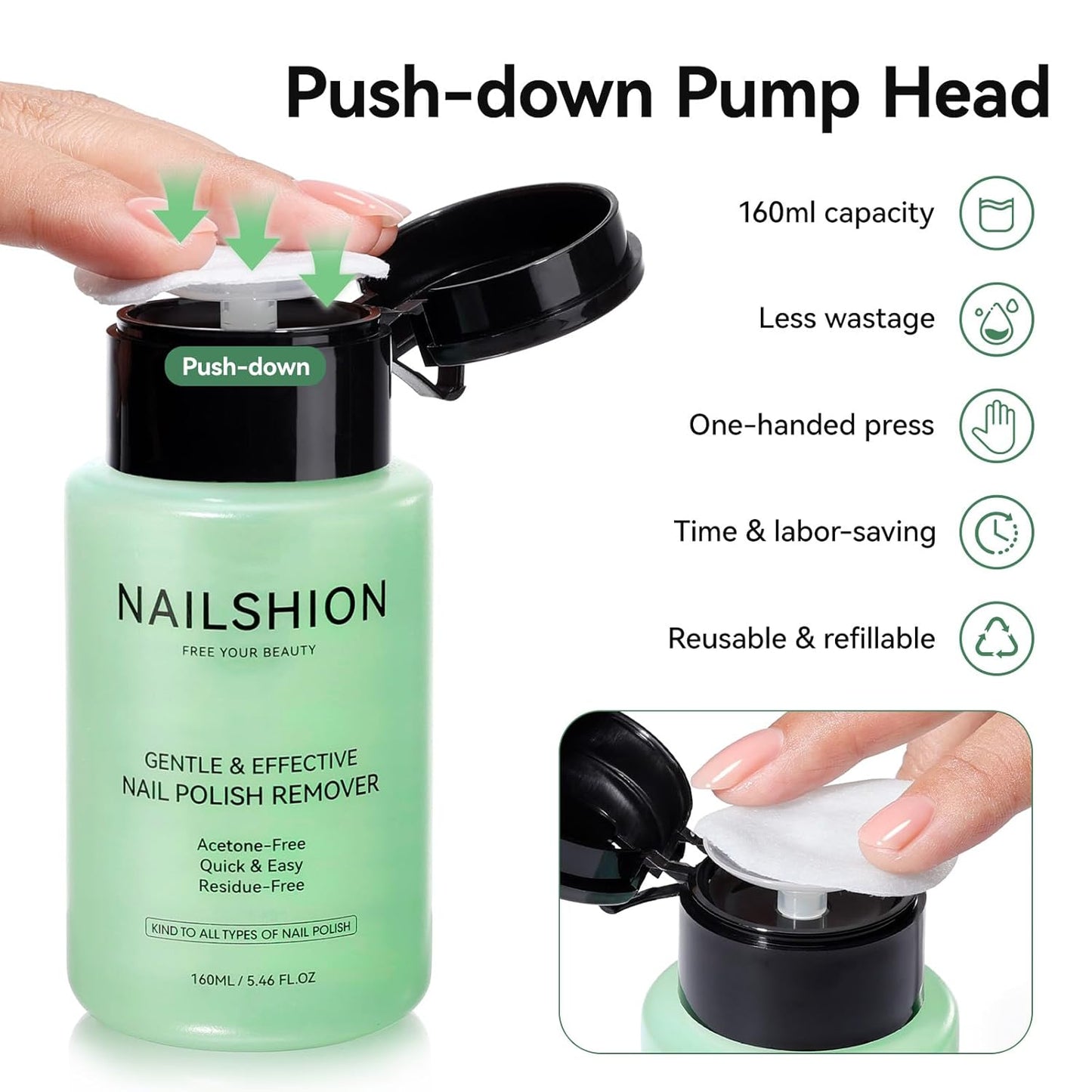 Nail Polish Remover with Aloe Vera, Non-Acetone Fingernail Polish Remover with Easy Push-down Pump, VE Non-Drying 5-10s Effectively to Clear Quick Dry Nail Polishes, 160ml