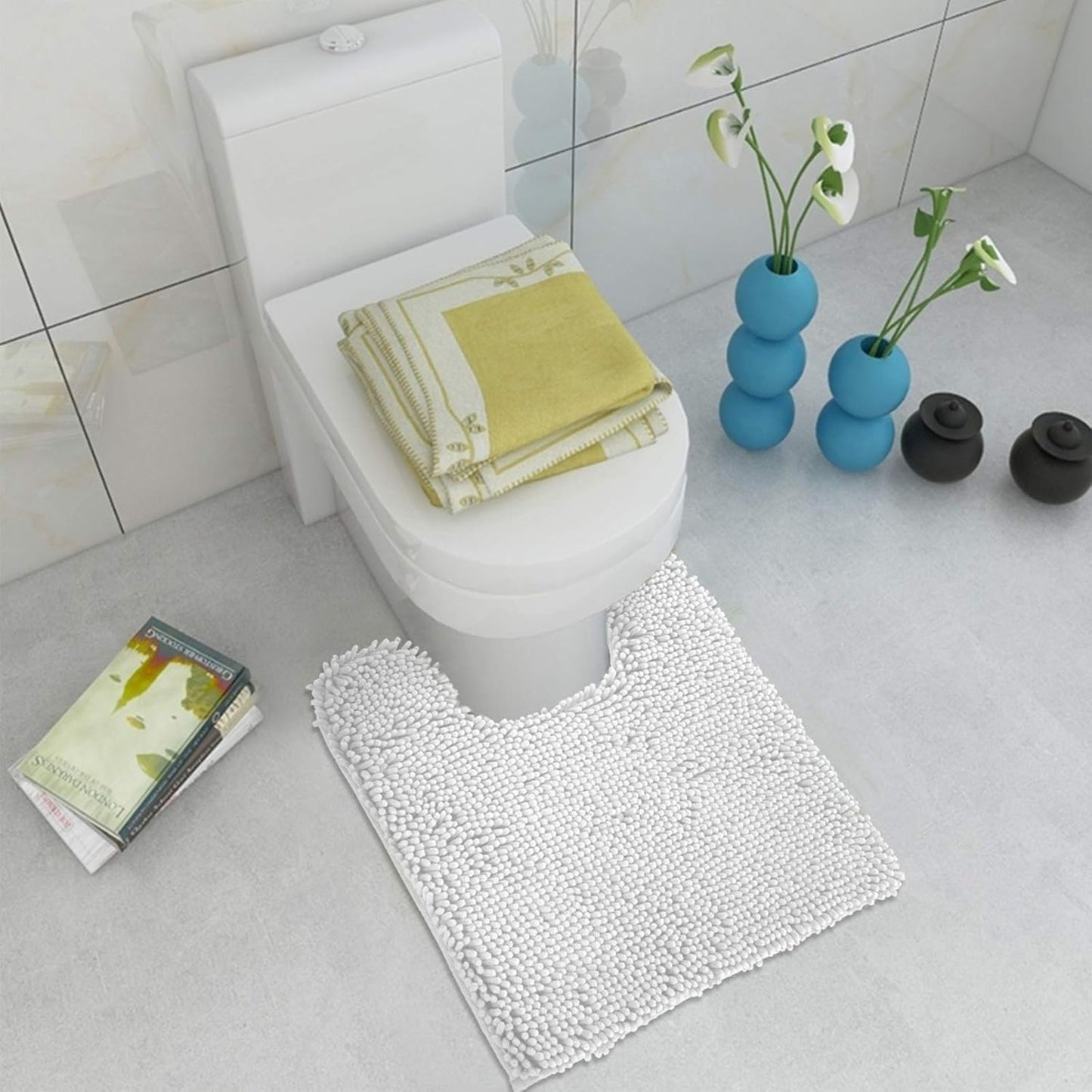 ITSOFT Non-Slip Shaggy Chenille Toilet Contour Bathroom Rug with Water Absorbent, 24 x 21 Inches U-Shaped White