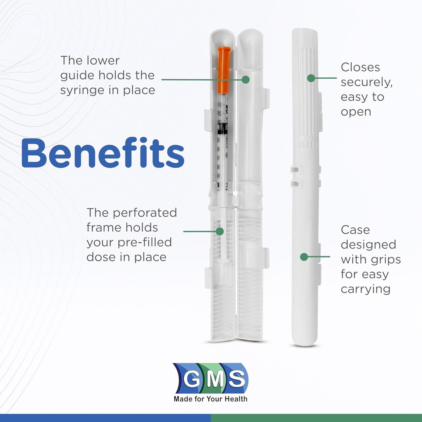 GMS 60 Unit Syringe Case - Holds New, Prefilled & Used Syringes with Needles - Small & Discreet - Ideal for Travel - Sharps Container - 2 Pack - Clear