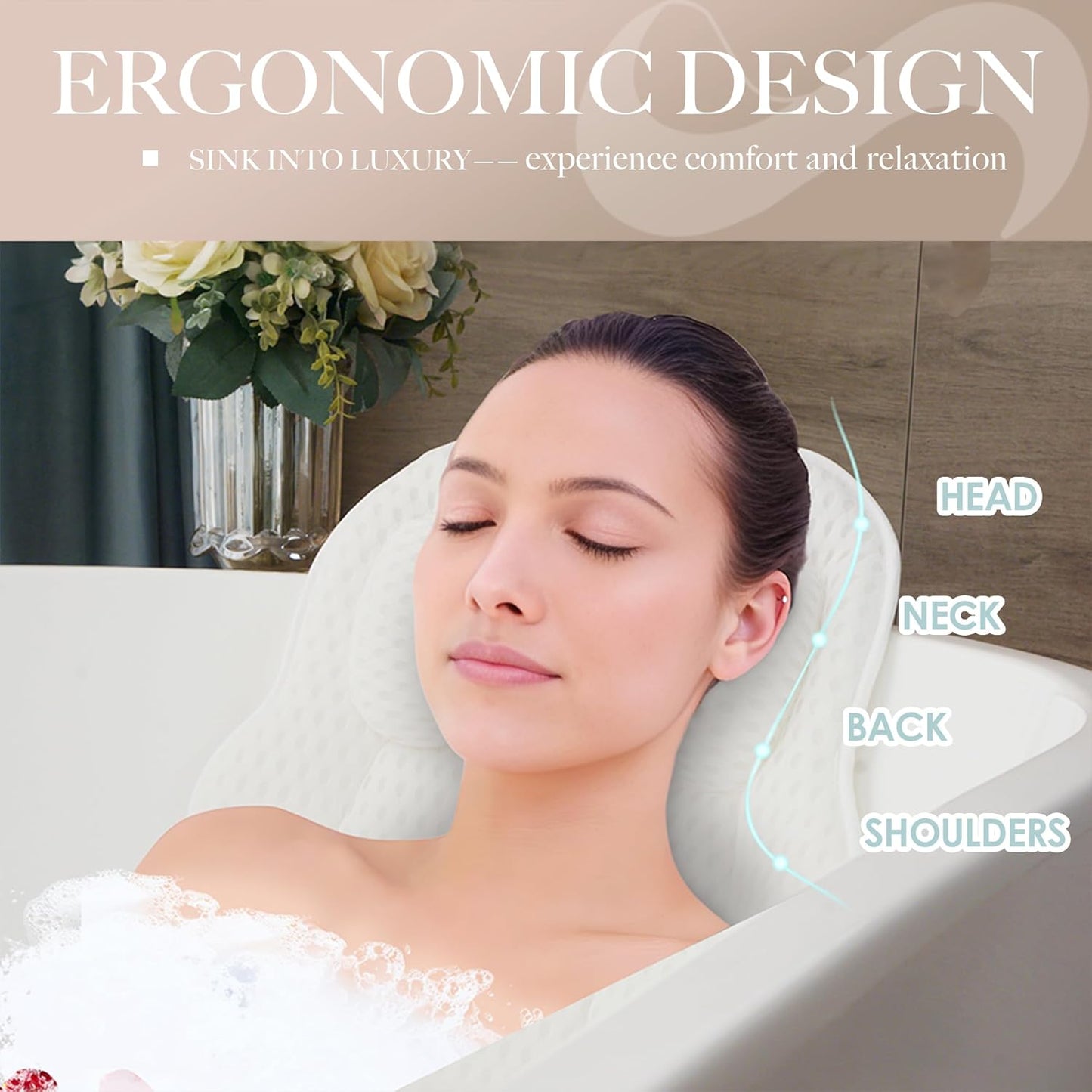 Bath Pillow for Tub, 4D Air Mesh Breathable Fabric, Soft Supportive Bathtub Cushion for Head Neck Back, Ergonomic Spa Pillow with Strong Suction Cups, Quick-Drying, Machine Washable (White)