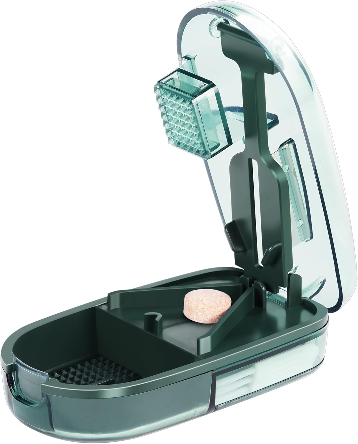 Pill Cutter Splitter for Small and Tiny Pills, or Large Pills. V-Shaped Design for Multiple Sizes. Safety Blade Guard. Loss-Proof Built-in Small Brush & Sliding Door Pill Storage (Green)