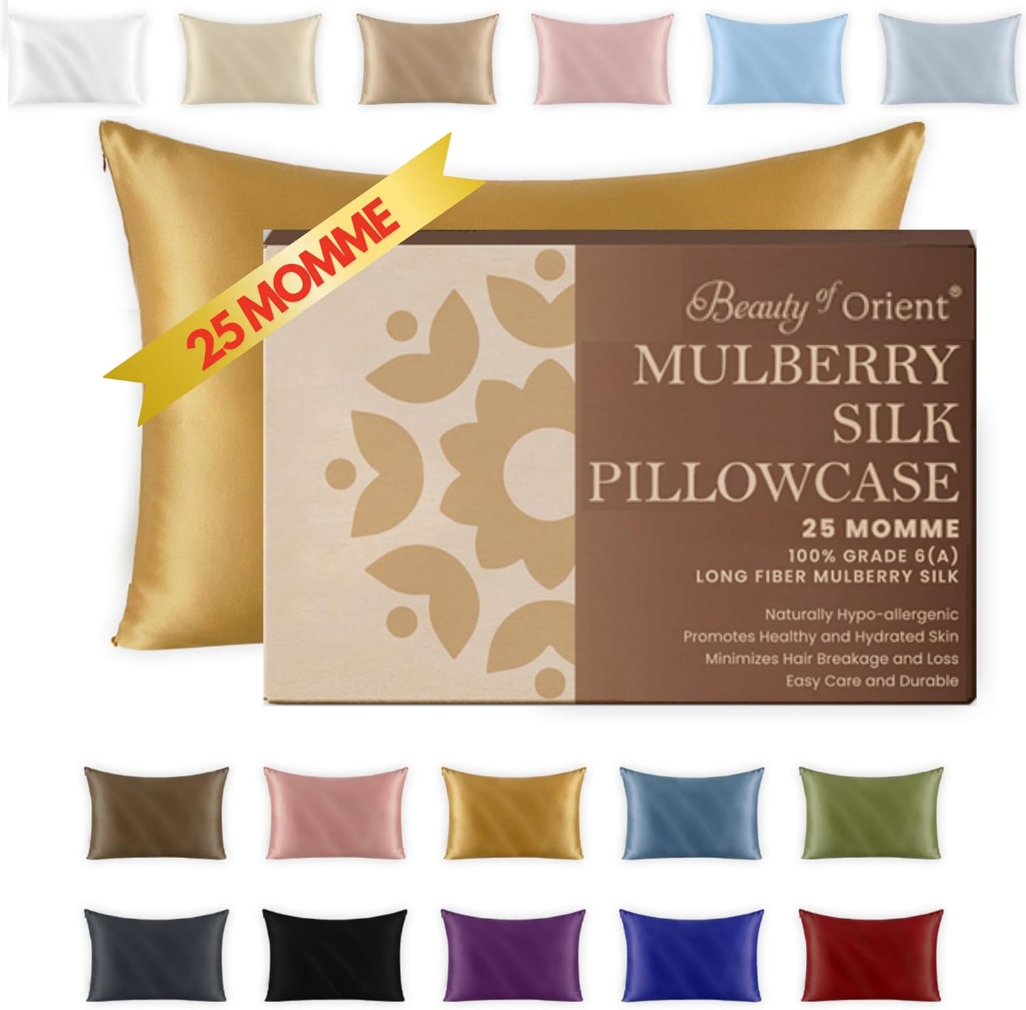 25 Momme Premium Mulberry Silk Pillowcase for Hair and Skin | Handcrafted Hypoallergenic & Anti-Acne Silk Pillow Cases with Zipper | King - 20" x 36", Golden Honey
