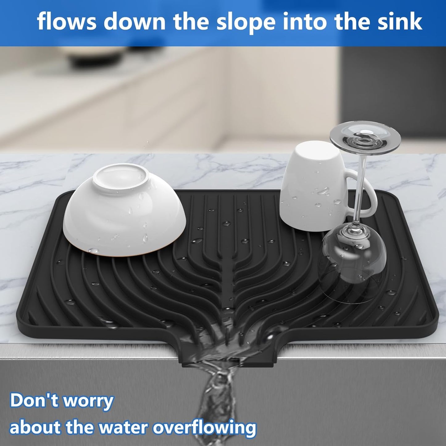 Dish Drying Matt for Kitchen Counter,18"×12"Silicone Dry Rack Mat with Built in Drain, Kitchen Dry Mats for Dishes Drying Pad for Counter(black)