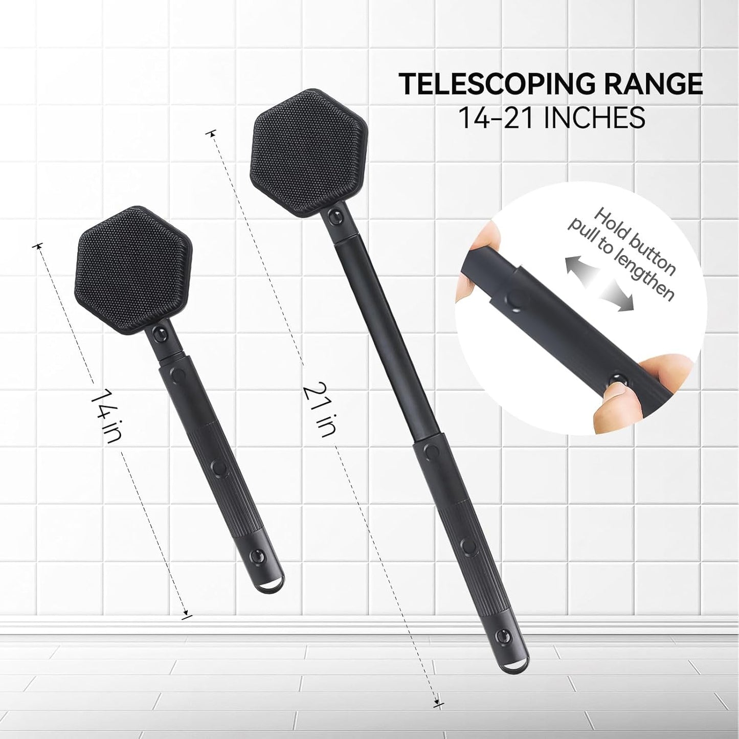 21 Inches Silicone Back Scrubber for Shower - Extendable Shower Brush Long Handle with Stiff and Soft Bristles -Loofah Alternative- Body Exfoliator for Bath or Dry Brush,Men & Woman (Black)