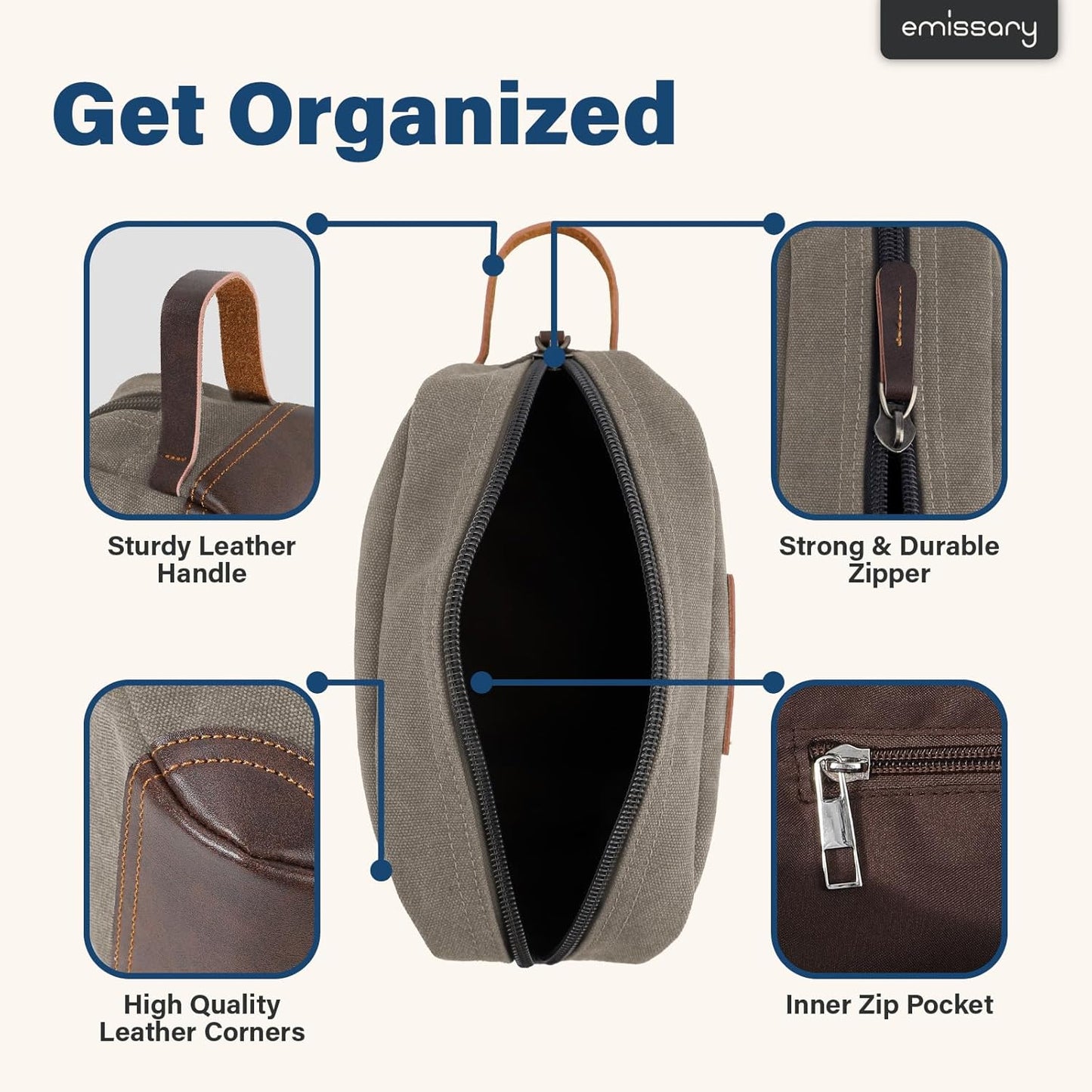 emissary Mens Travel Toiletry Bag, Dopp Kit for Men, Travel Bathroom Shaving Kit Bag for Men,Kit Small Bag for Travel (Light Gray)