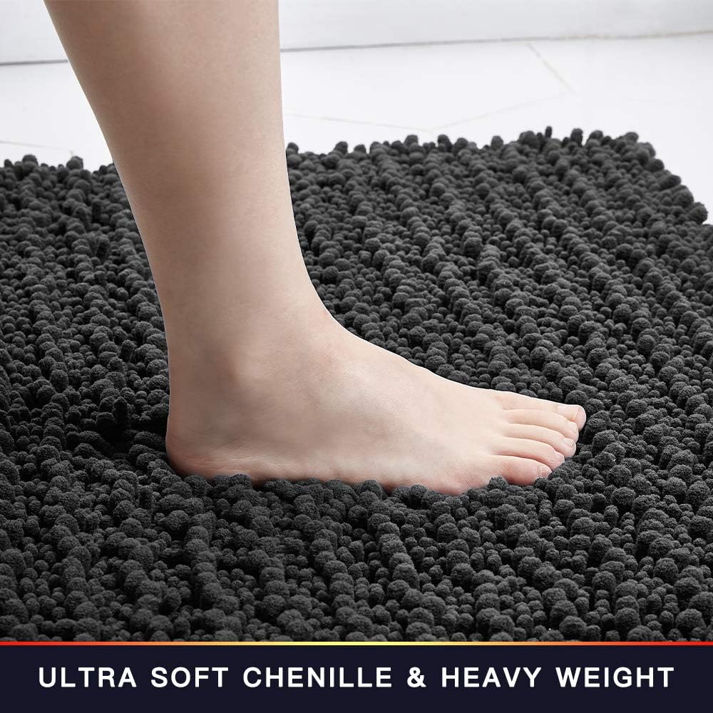 Walensee Bathroom Rug Non Slip Bath Mat (24x17 Inch Dark Grey) Water Absorbent Super Soft Shaggy Chenille Machine Washable Dry Extra Thick Perfect Absorbant Best Small Plush Carpet for Shower Floor
