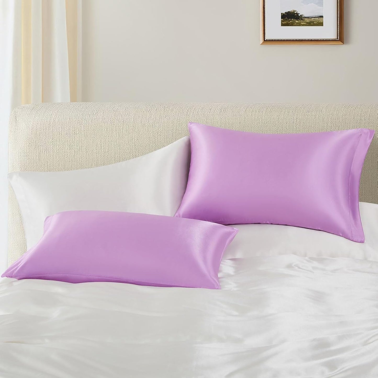 Juwenin Bedding,Luxury Satin Pillowcase with Zipper (Silky Satin Pillow Case for Hair) Set of 2 (Lavender, King(20''x36'))