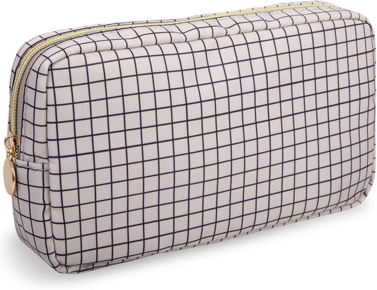 Nylon Small Makeup Bag for Purse, Cute Checkered Makeup Bag Preppy Cosmetic Zipper Pouch Purse, Waterproof Portable Travel Toiletry Bag Clutch Make Up Brush Bag Organizer for Women Girls(Checkered)