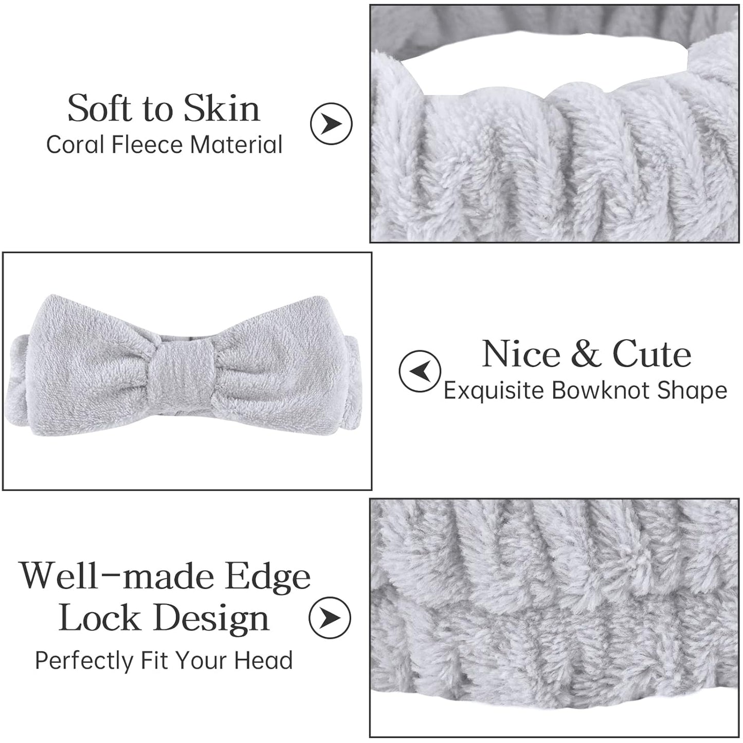 Casoty 6 Pcs Hair Band, Soft Coral Fleece Spa Headbands for Washing Face, Bow Hair Band, Makeup Headband, Skincare Headbands, Yoga, One Size Fits All, Grey, White, Black