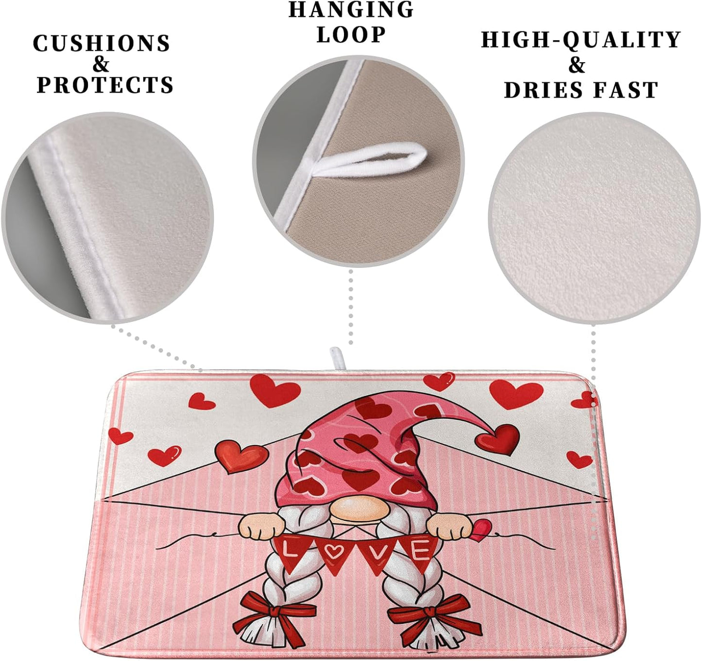 Valentine's Day Love Letter Dish Drying Mat for Kitchen Counter, Love Letter Gnome Absorbent Dish Pad Large Dish Drainer Mats for Countertop 18x24 Inch