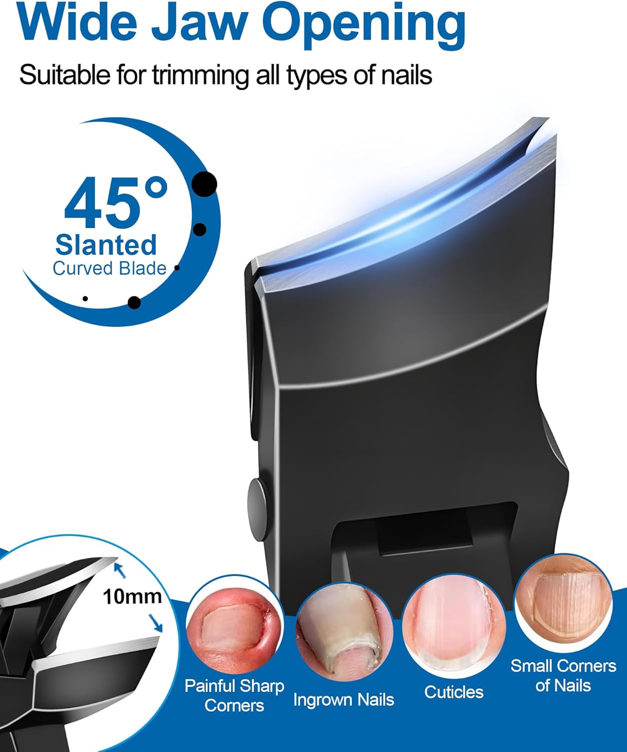 Toenail Clippers for Thick Toenails & Ingrown Nails, Slanted Curved Blade, Wide Mouth, Angled Head Toe Nail Clippers for Seniors with Long Handle & No Splash Catcher - Black