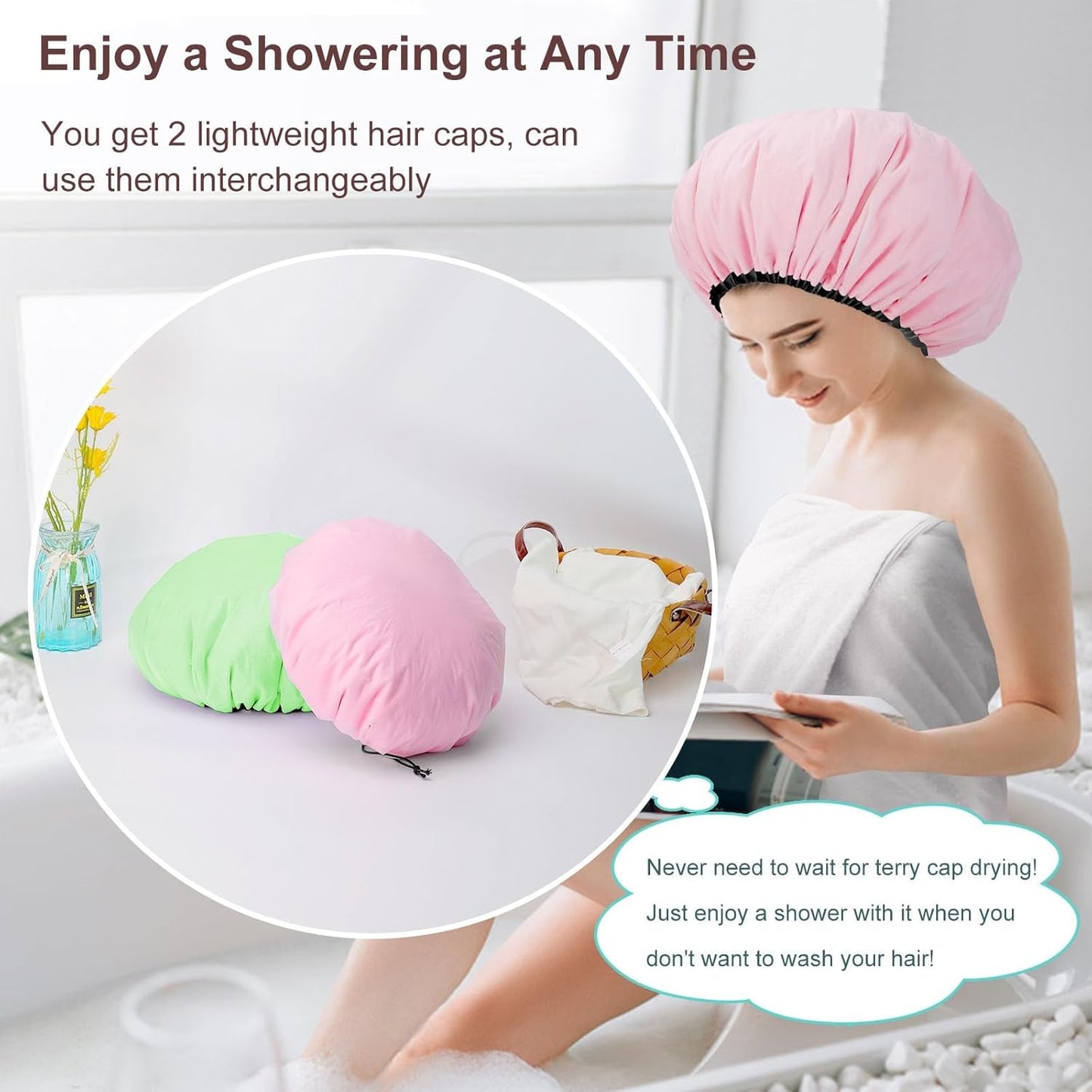 2 Pcs 15" XL Extra Large Terry Lined Shower Cap, Adjustable Dual Waterproof Shower Cap for Women Reusable Soft Hair Cap Bath Cap for Long Braids, Thick Hair, Locs, Curly Hair