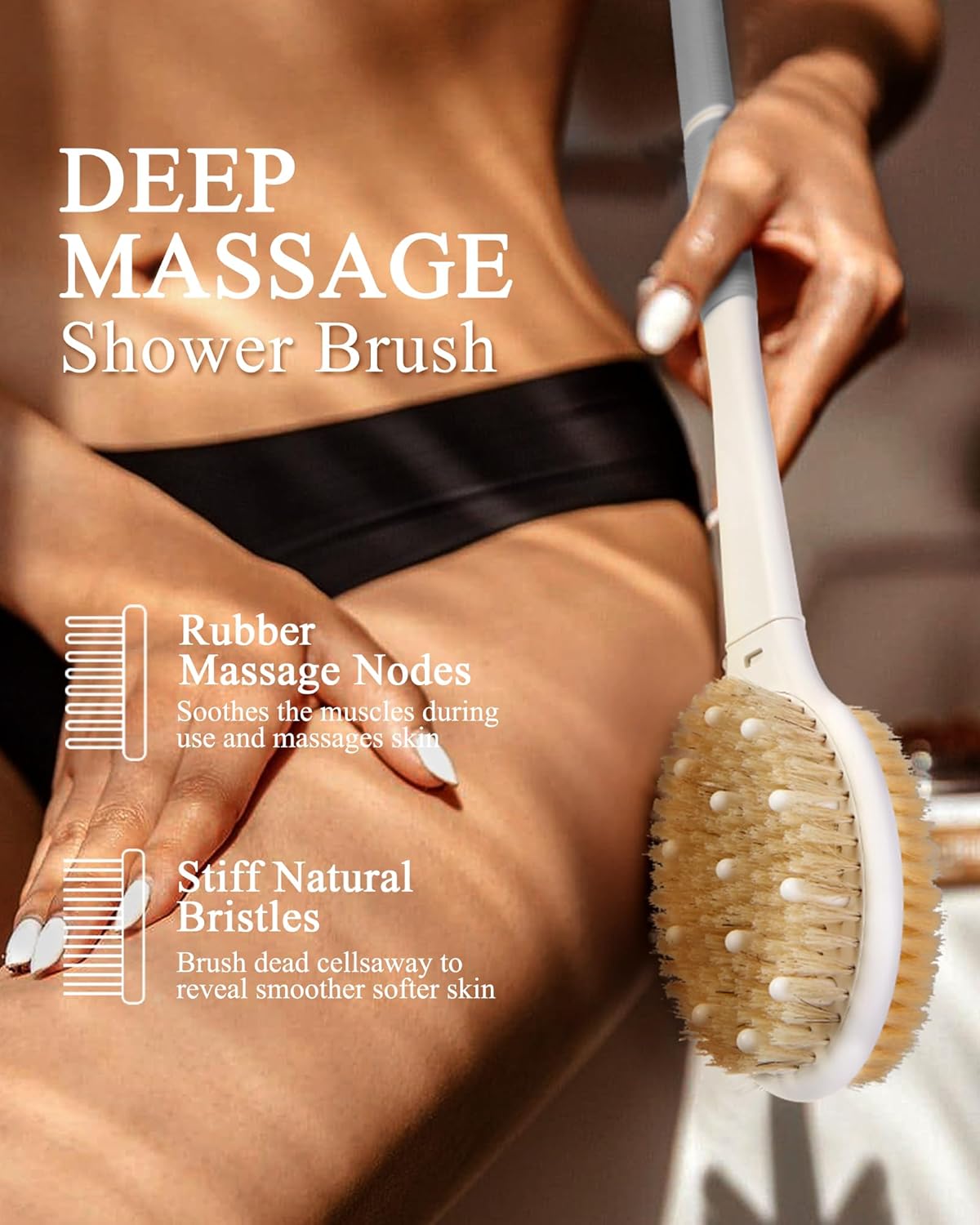 Shower Brush for Massage Dry Brushing: Back Scrubber for Shower with 18.1 in Anti Slip Long Handle - Bath Body Brush for Lymphatic Drainage, Exfoliator Improving Skin Health for Women Men Elderly Grey