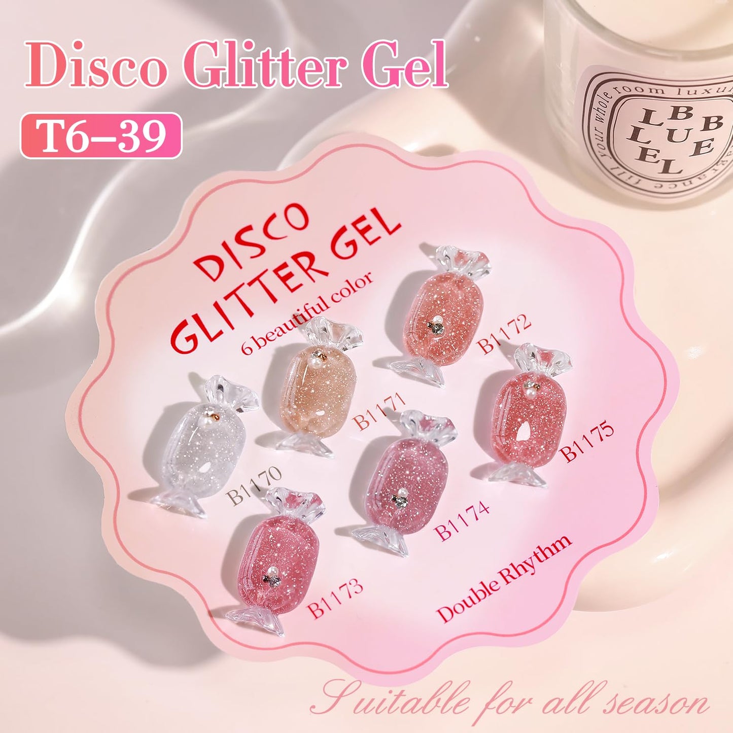 Double Rhythm 0.5 Oz Glitter Gel Polish Set of 6 Color with Display Board 15 ml Full Size Kit Shimmer Reflective Sparkle Soak Off Manicure Salon DIY at Home (Silver Nude Rose Coral Pink-T6-39)