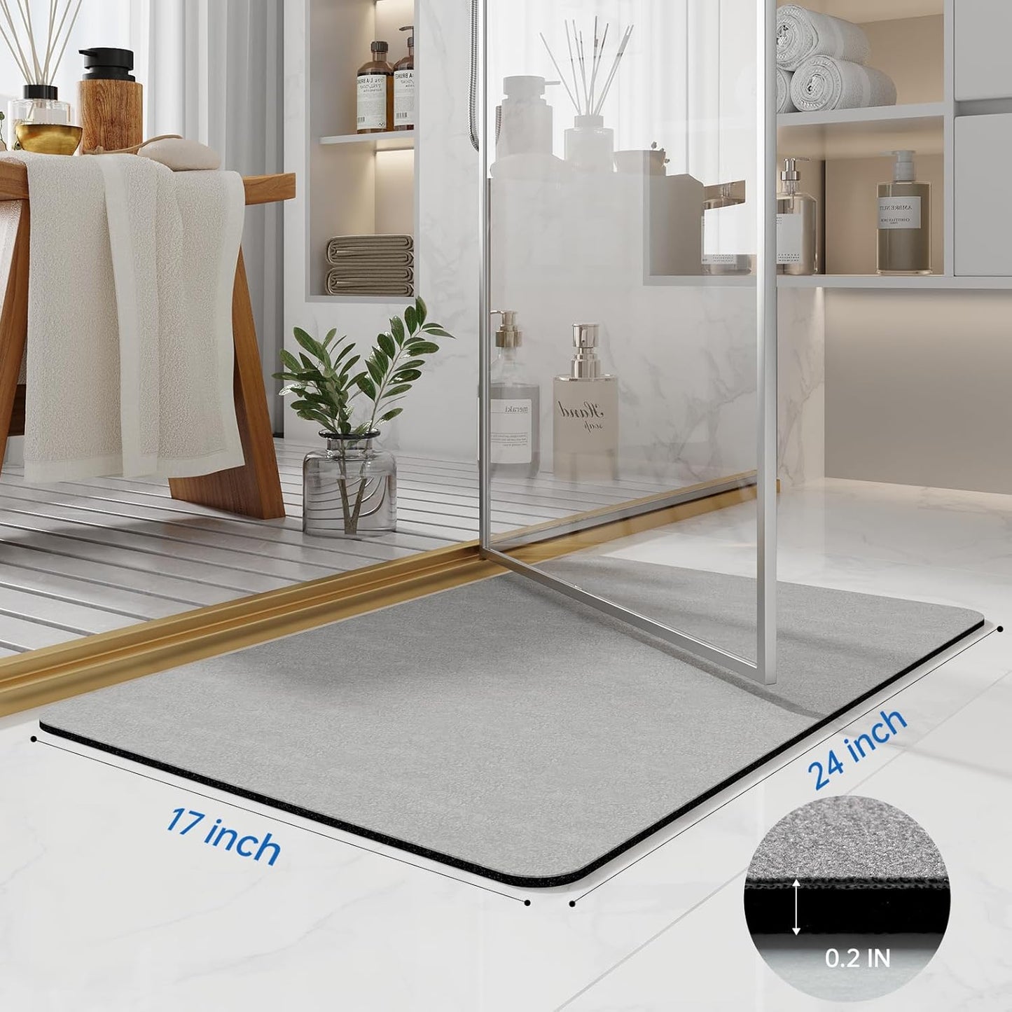 Bath Mat Rugs 24x17 - Diatomaceous Earth Bath Mat Quick Dry Absorbent Bathroom Rugs Rubber Non Slip Thin Bathroom Mat Fit Under Door, Bath Mats for Bathroom Floor, Tub and Shower, Sink, Grey