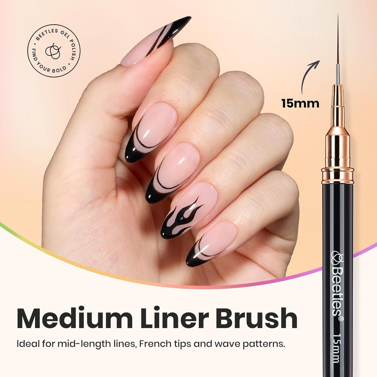 Beetles Liner Brushes for Nails 5pcs - Metallic Nail Art Brushes Black Nail Art Pens Liner Sizes 5/9/15/20/25mm with Palette Holder Painting Manicure Design Tools for Long Lines, Details, Fine Drawing