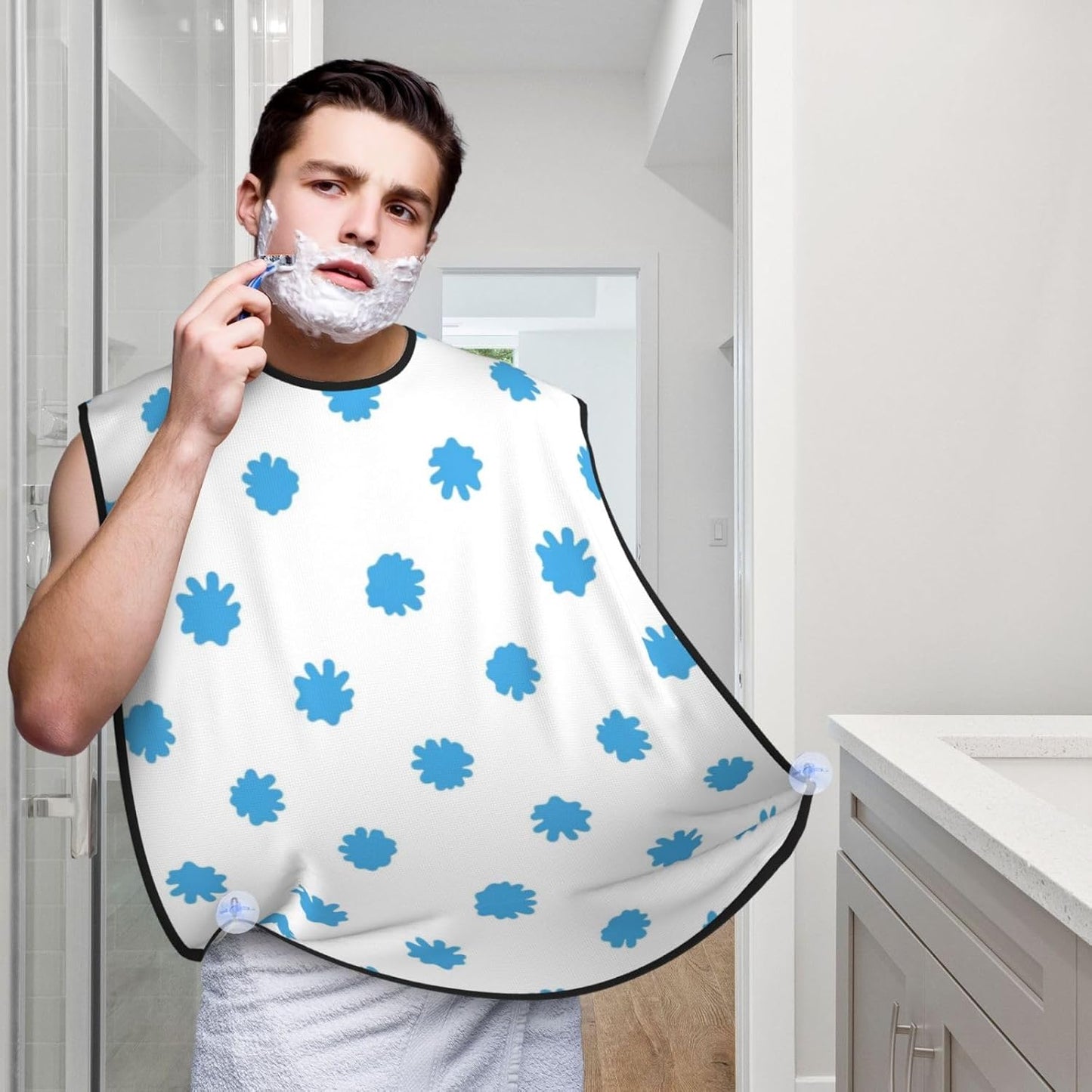 Beard Bib with 3 Suction Cups, Non-Stick Waterproof Hair Catcher Apron, Men's Shaving Essential for Grooming, Light Blue Animal Cow Print Shave Bib