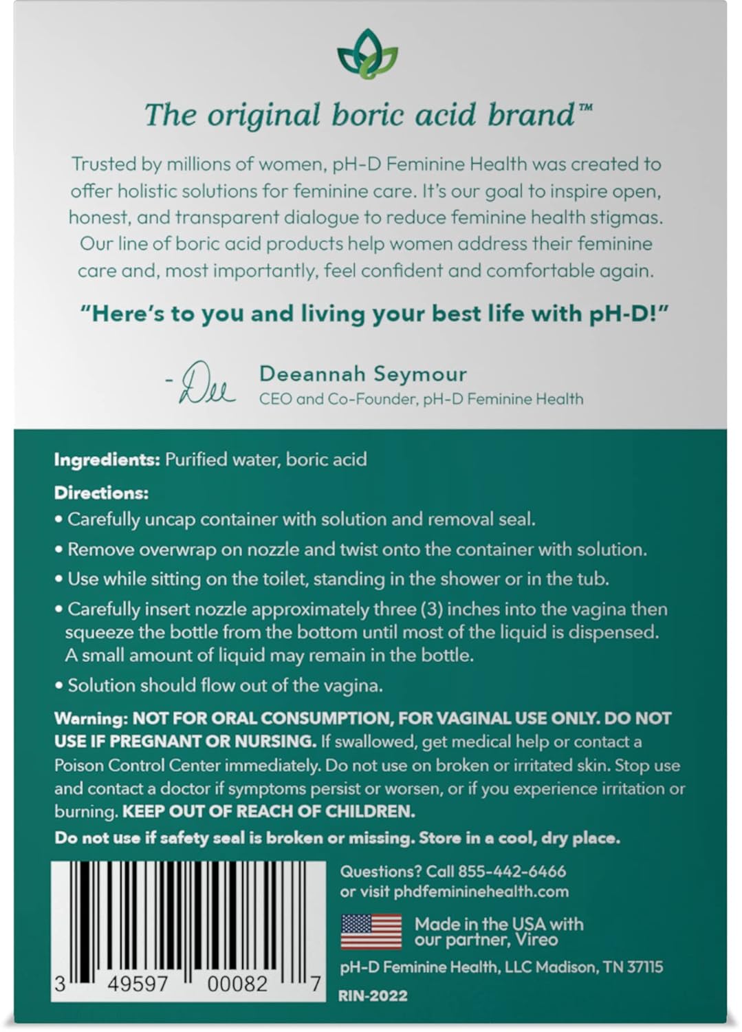 pH-D Feminine Health - Instant Odor Rinse with Boric Acid for Vaginal Odor - Vegan, Paraben-Free, Cruelty-Free (3 Fl Oz (Pack of 1)