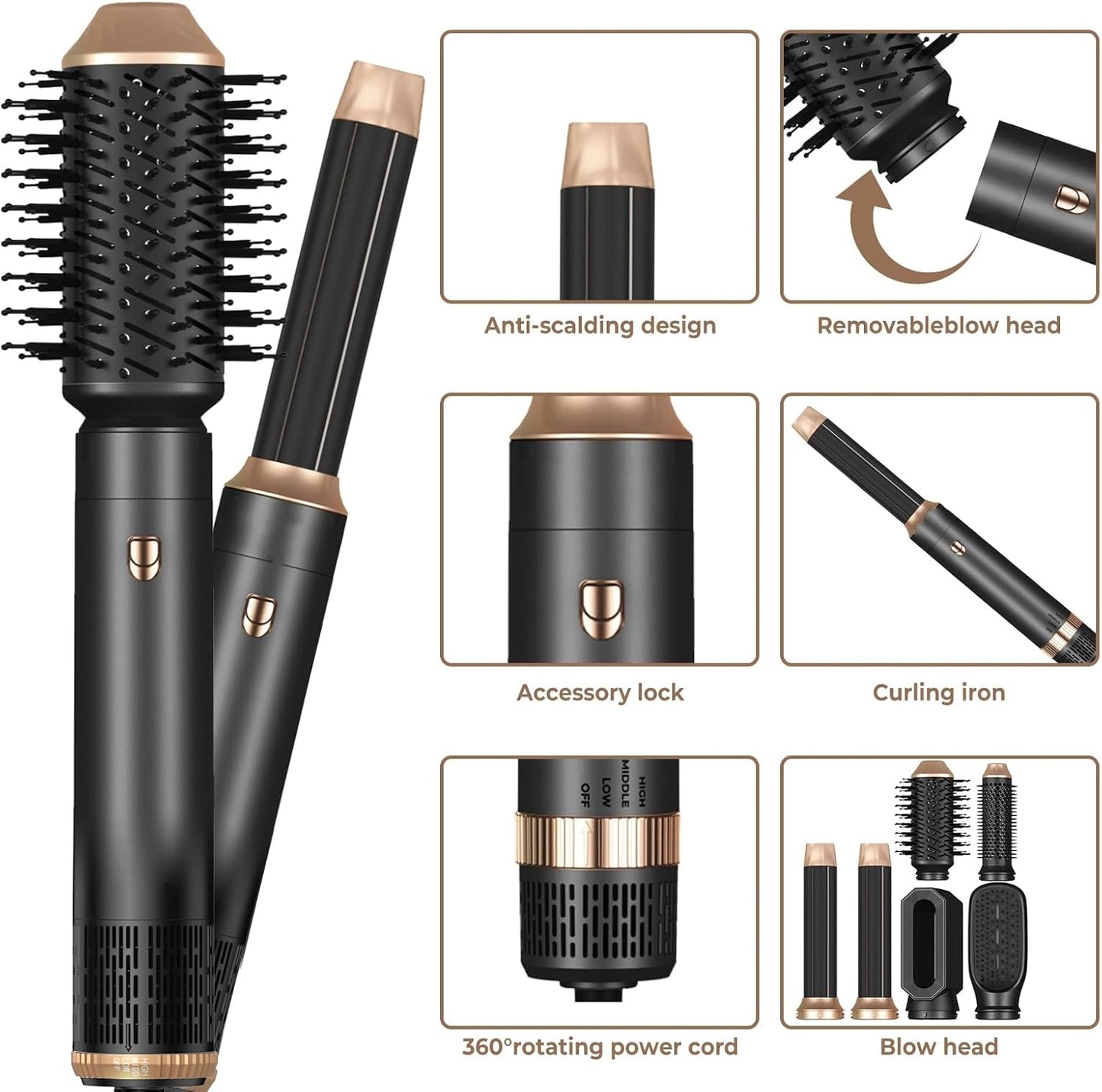 6 in ONE Hair Dryer Brush, Blow Dryer Curling Wand Hair Styling Tools Set, Ionic Hot Air Massage Oval Blowout Hair Dryer, Left&Right Hair Styler