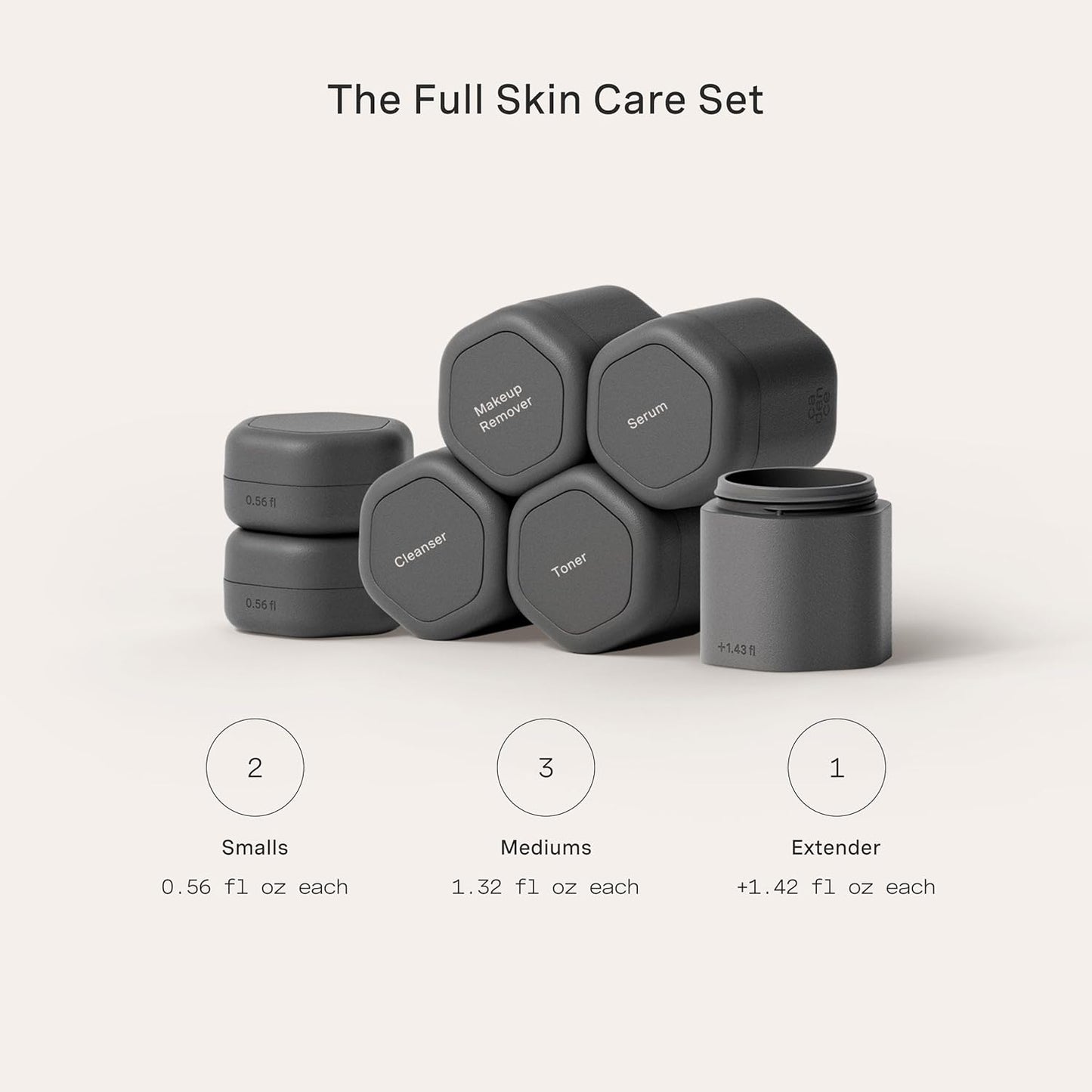 Cadence Travel Containers - Full Skincare Set - Magnetic Containers with Lids,Carry On Travel Essentials For Women/Men - 2 Small (0.56oz), 4 Medium Capsules (1.32oz), & Extender (1.43oz) - Charcoal