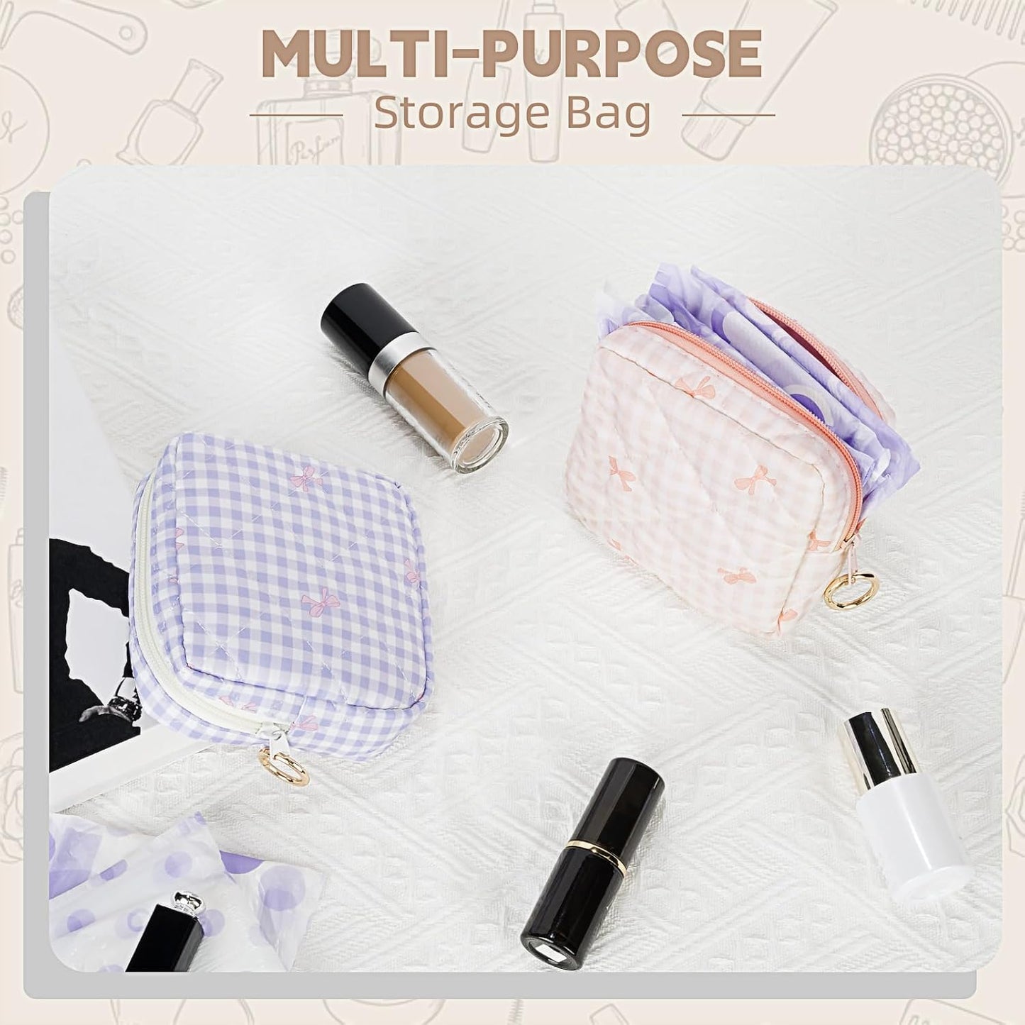 Period Bag for Teen Girls, Quilted Sanitary Napkin Storage Bag, Cute Bow Tie Menstrual Pad Pouch Tampon Holder (Plaid Pink)