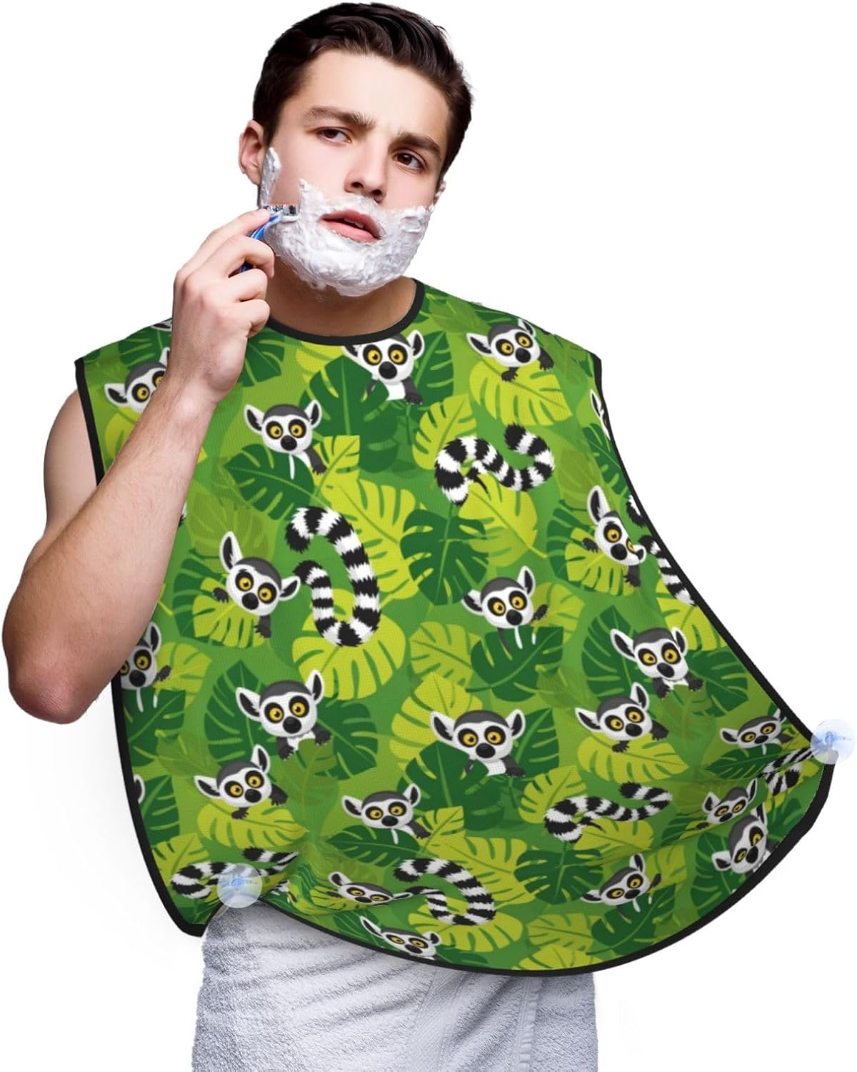 Waterproof Beard Trimming Bib, Non-Stick Hair Catcher for Men Shaving, Grooming Apron for Husband Dad, Tropical Green Leaves Exotic Jungle Animal Lemurs Monkey Shave Bib