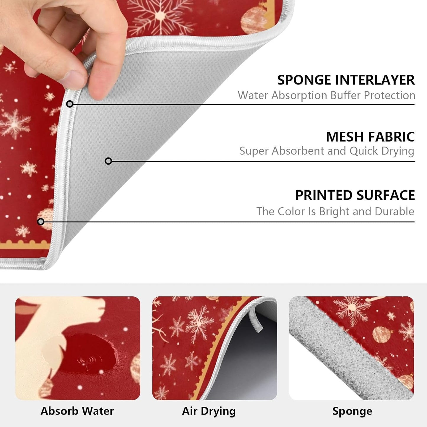 Christmas Dish Drying Mat Golden Snowflake Elk Reindeer Red Dish Drainer Mat for Kitchen Counter 16 x 18 Inch Winter Absorbent Microfiber Dishes Pad